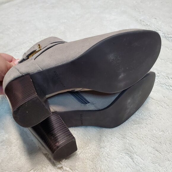 Cole Haan Gray Leather Buckle Office Preppy Dressy Cute Heeled Ankle Boots 9 B - Picture 6 of 13